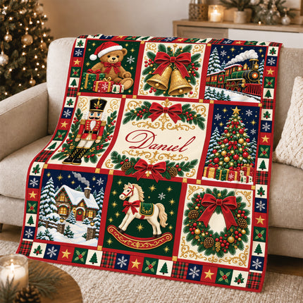 Personalized Christmas Fleece Blanket Nutcracker Holiday Patchwork