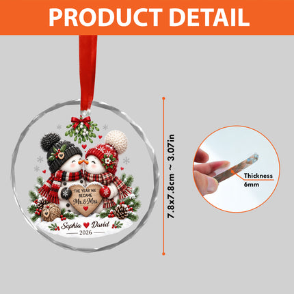Personalized Newlywed Snowman Couple Mistletoe Christmas Glass Ornament