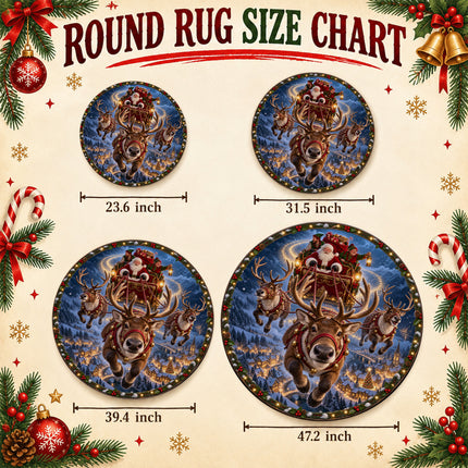 Santa Reindeer Christmas Round Rug Flying Sleigh Holiday Doormat
