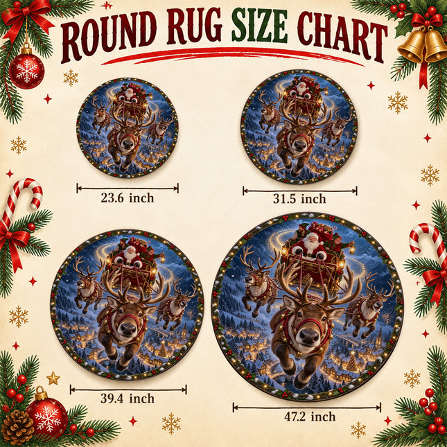 Santa Reindeer Christmas Round Rug Flying Sleigh Holiday Doormat