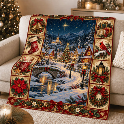 Christmas Fleece Blanket with Snowy Village Scene