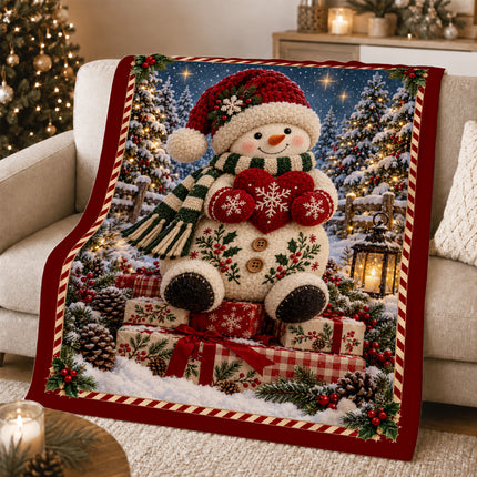 Christmas Fleece Blanket with Cozy Snowman Heart