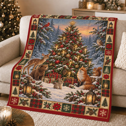 Woodland Animals Christmas Fleece Blanket Candlelit Winter Forest