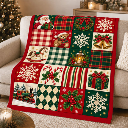 Christmas Patchwork Fleece Blanket Vintage Santa Teddy Bear Plaid Holiday Throw