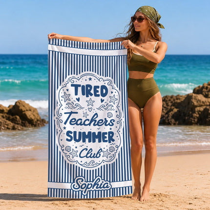 Personalized Tired Teachers Summer Club Striped Teacher Beach Towel