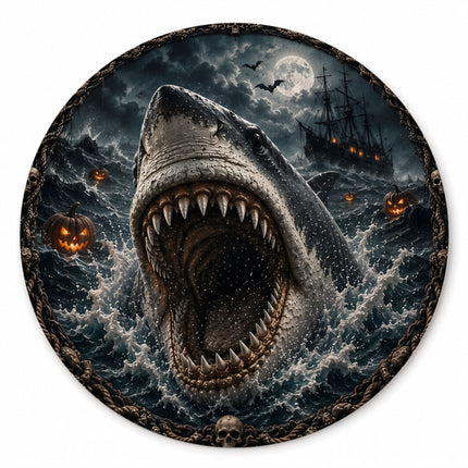 Halloween Shark Round Rug Haunted Ocean Pirate Ship Doormat