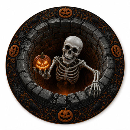 Halloween Round Rug Skeleton Pumpkin 3D Illusion Doormat