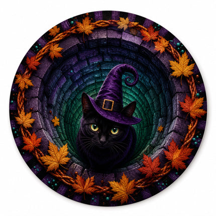 Halloween Round Rug Black Cat Witch 3D Illusion Doormat