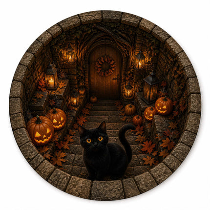 Halloween Round Rug Black Cat Pumpkin 3D Haunted Stairway Doormat