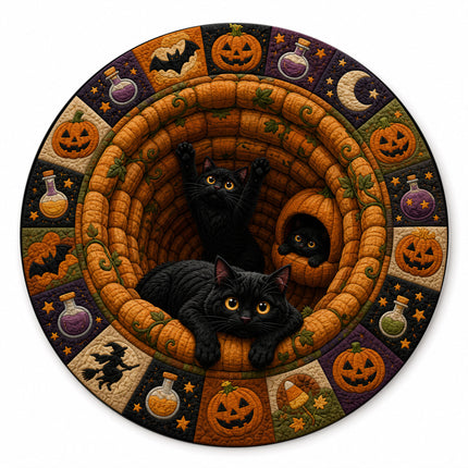 Halloween Round Rug Black Cat Pumpkin 3D Illusion Doormat