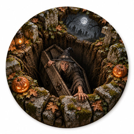 Halloween Witch Coffin Graveyard Round Rug Spooky Pumpkin Doormat