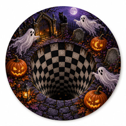 Halloween Round Rug Ghost Pumpkin Graveyard Illusion Doormat