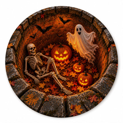 Halloween Round Rug Skeleton Ghost Pumpkin 3D Illusion Doormat