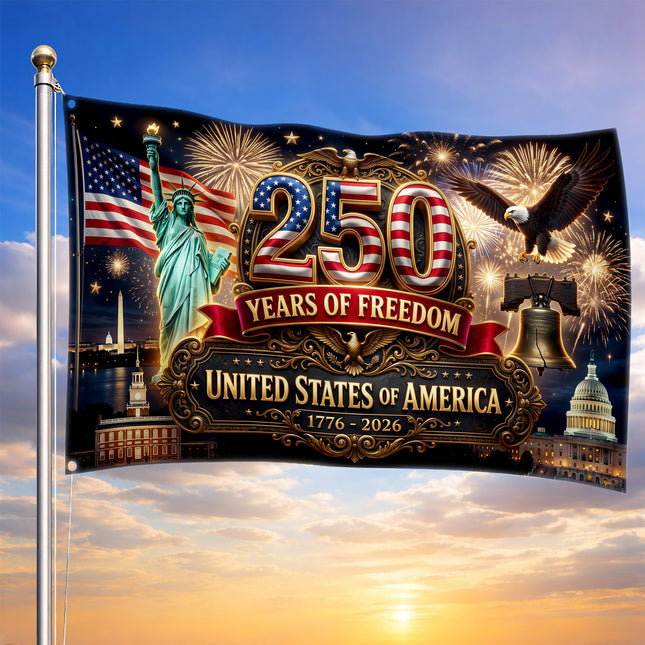 United States of America 250 Years of Freedom Liberty Bell Statue landmarks House Flag