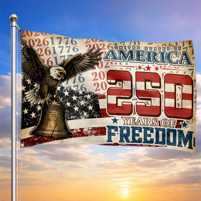 United States of America 250 Years of Freedom Distressed Typography Eagle Liberty Bell House Flag