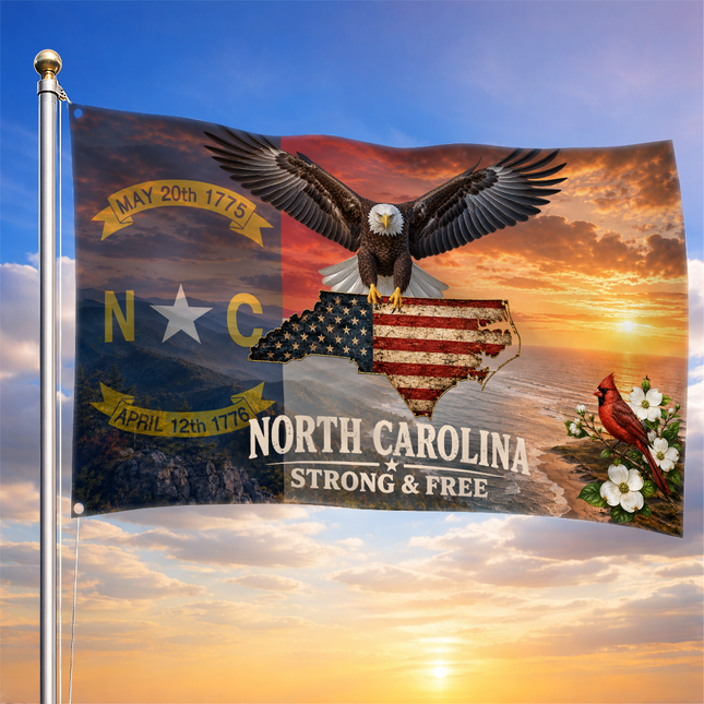 North Carolina Grommet Flag Strong And Free Eagle Cardinal