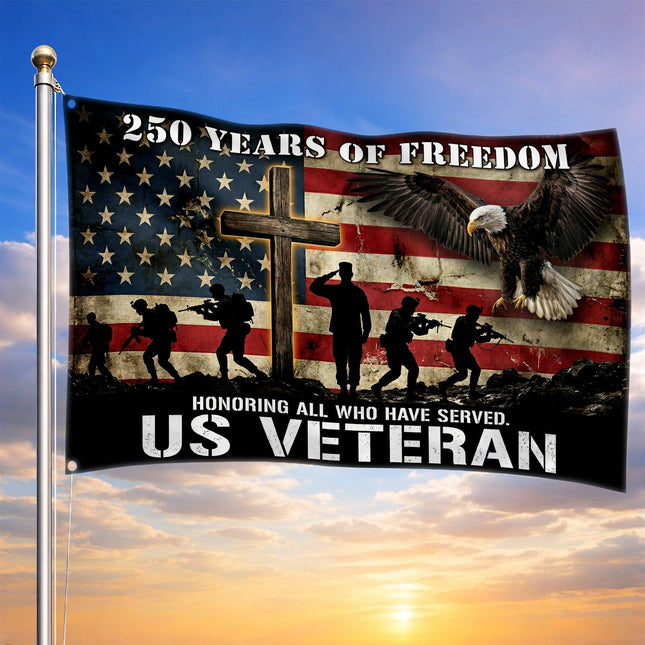 US Veteran Glowing Cross Soldier Silhouette America 250 House Flag