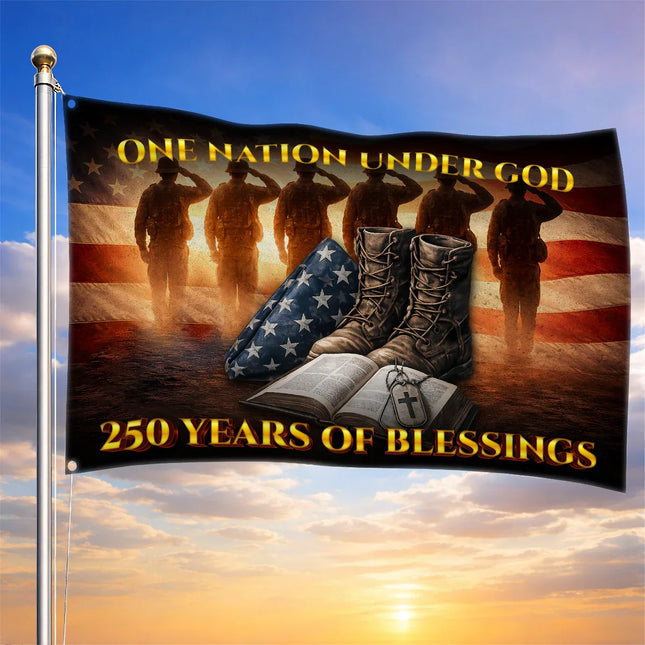 One Nation Under God Veteran Boots & Bible 250 Years House Flag