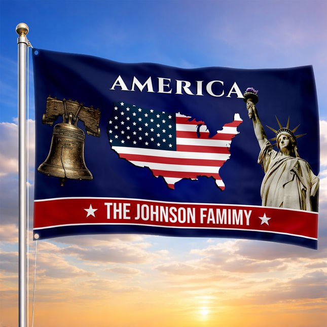 Personalized USA Map Liberty Bell American House Flag
