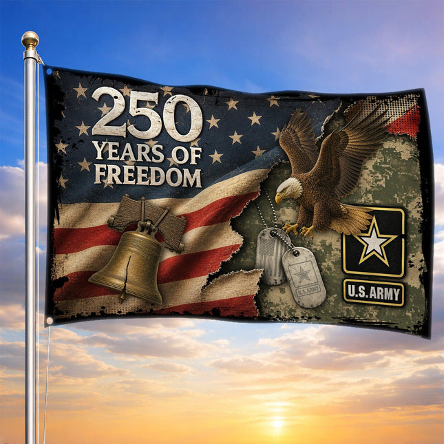 US Army Torn Camo Eagle Liberty Bell 250 Years of Freedom House Flag