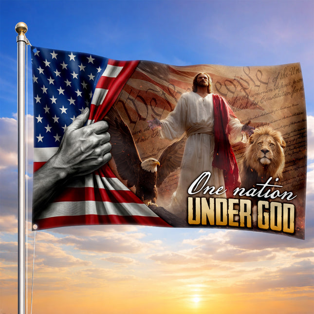 One Nation Under God Jesus Eagle Lion Constitution Grommet Flag