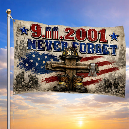Patriot Day 25th Anniversary 343 Firefighter Cross Never Forget Grommet Flag