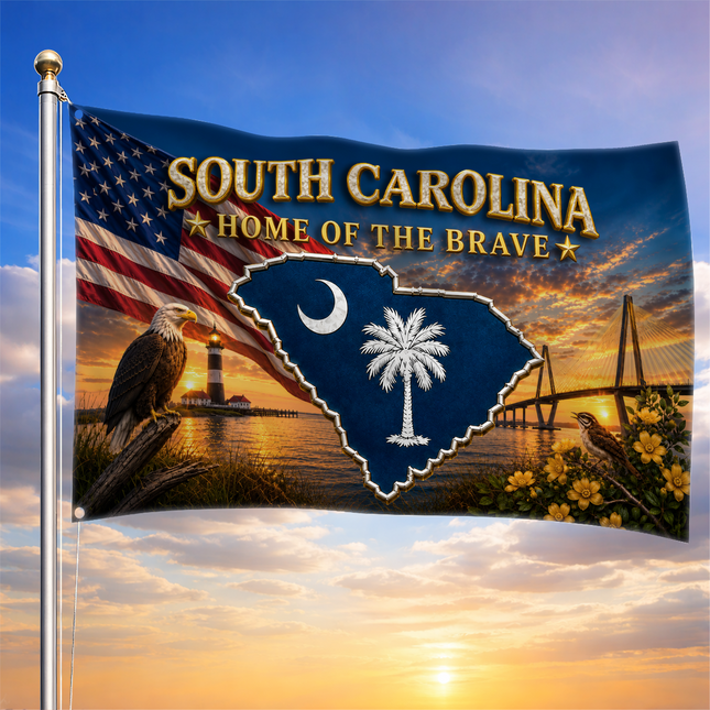 South Carolina Grommet Flag Home of the Brave Eagle Lighthouse