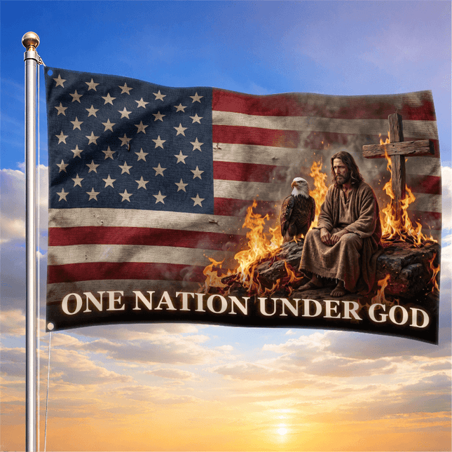 One Nation Under God Fire Jesus Eagle Grommet Flag