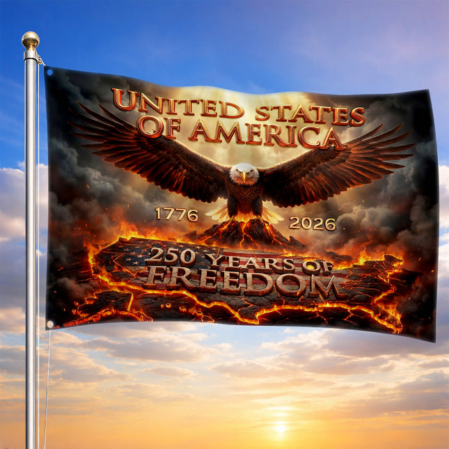 United States of America 250 Years of Freedom Fiery Map Eagle House Flag