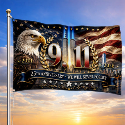 Patriot Day 25th Anniversary Eagle Laurel Never Forget Grommet Flag