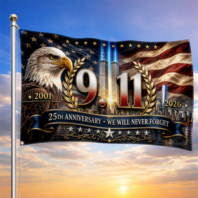 Patriot Day 25th Anniversary Eagle Laurel Never Forget Grommet Flag