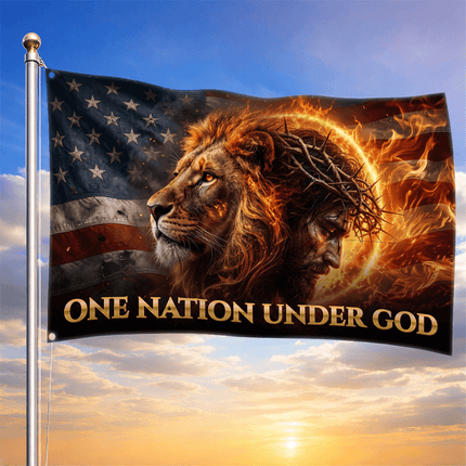 One Nation Under God Fiery Lion Jesus Flag