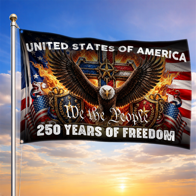 United States of America 250 Years of Freedom Flaming Eagle Cross Shield Flag
