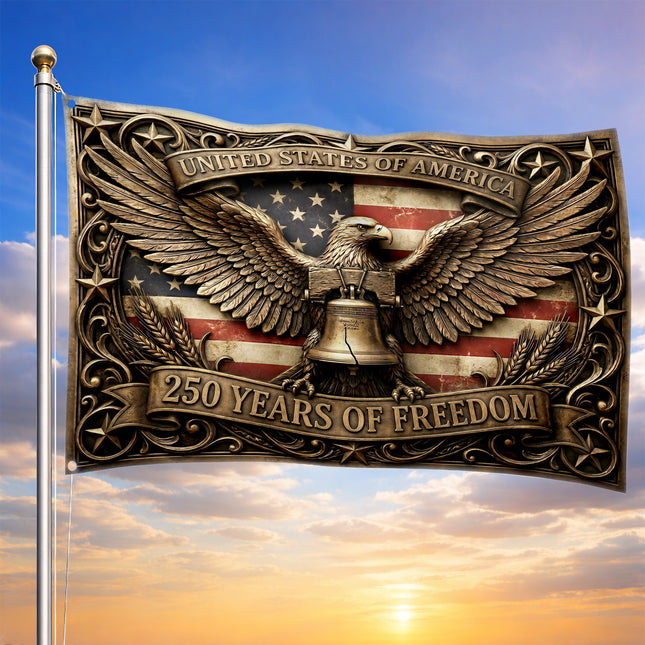 United States of America 250 Years of Freedom Ornate Bronze Eagle Liberty Bell House Flag
