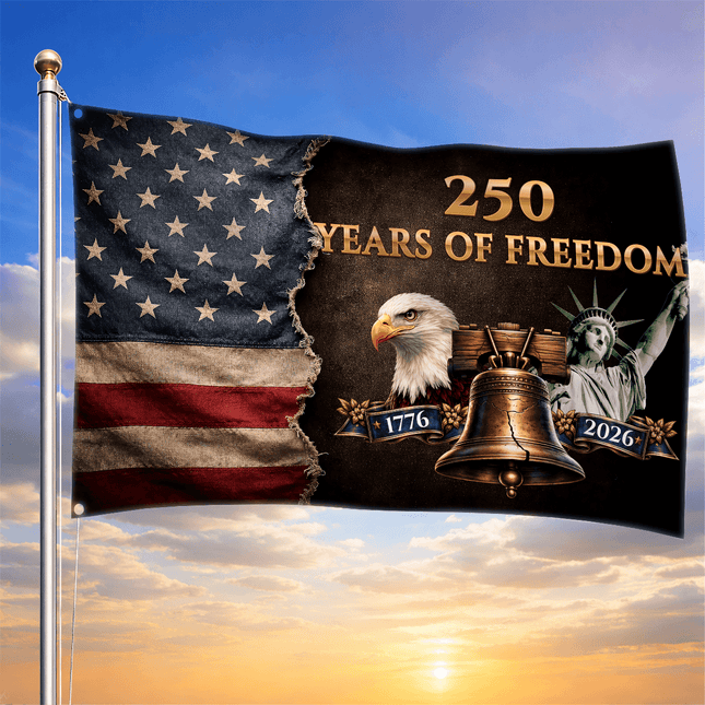 Torn American Flag Liberty Bell Statue 250 Years of Freedom House Flag