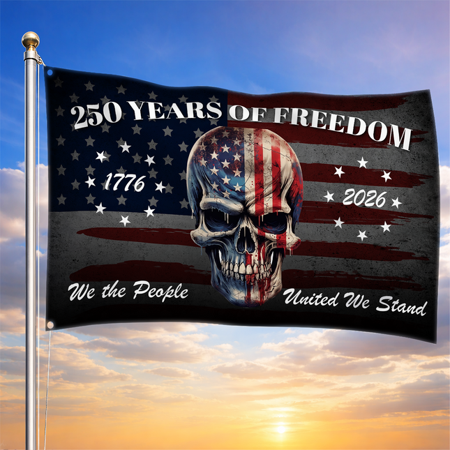 We The People 250 Years of Freedom Patriotic Skull House Flag