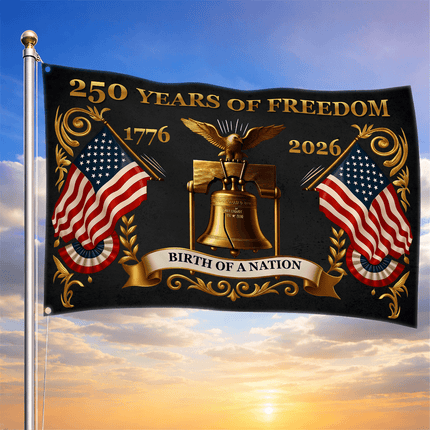 United States 250 Years of Freedom Birth of a Nation Gold Liberty Bell House Flag
