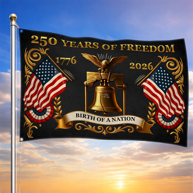 United States 250 Years of Freedom Birth of a Nation Gold Liberty Bell House Flag