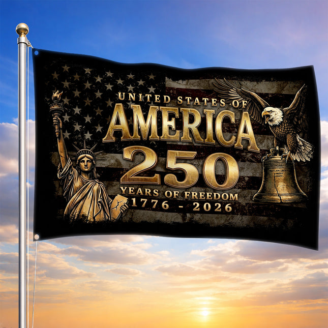 United States of America 250 Years of Freedom Vintage Gold Liberty Bell House Flag
