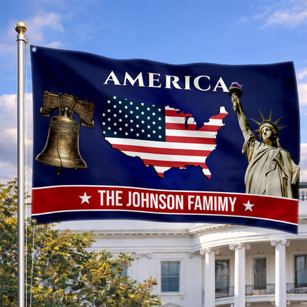 Personalized USA Map Liberty Bell American House Flag