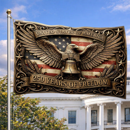 United States of America 250 Years of Freedom Ornate Bronze Eagle Liberty Bell House Flag