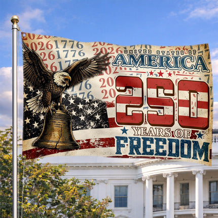 United States of America 250 Years of Freedom Distressed Typography Eagle Liberty Bell House Flag