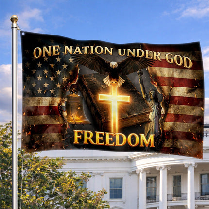 Patriotic One Nation Under God Cross American House Flag