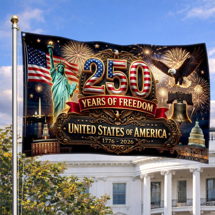 United States of America 250 Years of Freedom Liberty Bell Statue landmarks House Flag