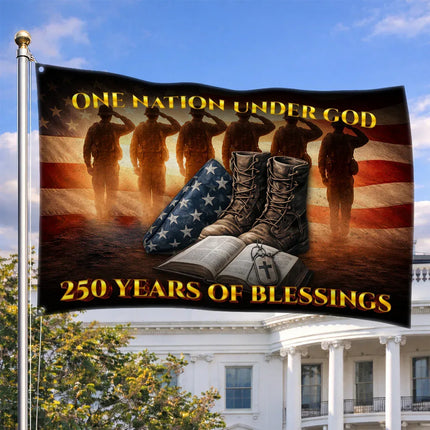 One Nation Under God Veteran Boots & Bible 250 Years House Flag