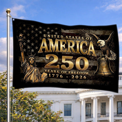 United States of America 250 Years of Freedom Vintage Gold Liberty Bell House Flag
