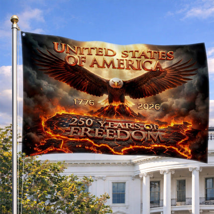 United States of America 250 Years of Freedom Fiery Map Eagle House Flag