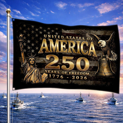 United States of America 250 Years of Freedom Vintage Gold Liberty Bell House Flag