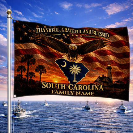 Personalized South Carolina Grommet Flag Thankful Grateful Blessed Custom Family Eagle