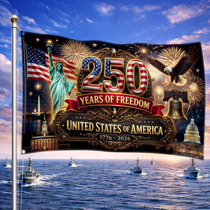 United States of America 250 Years of Freedom Liberty Bell Statue landmarks House Flag